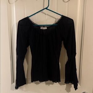 Sheer Black Long Sleeve Top With Belled Split Sleeves and Lace Embellishments